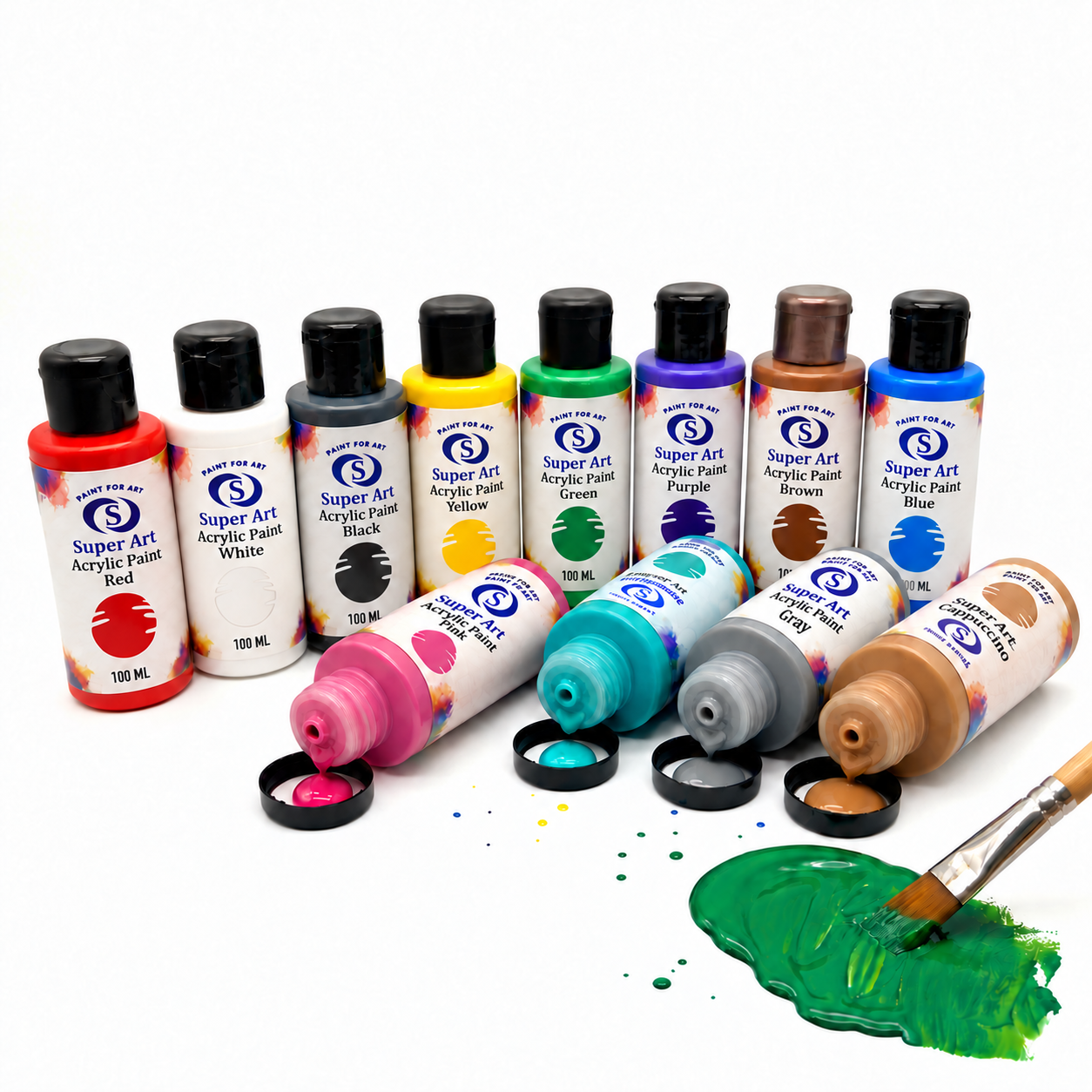 Twelve 100 mL acrylic paint bottles in a paint composition; pink and grey labels match their bottle colours