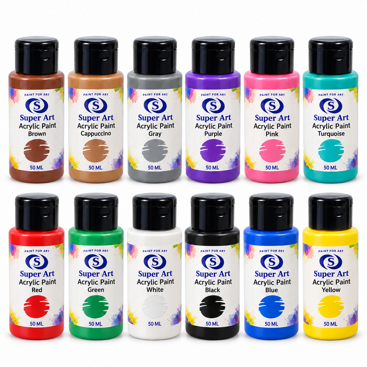 Twelve 50 mL Super Art acrylic paint bottles in twelve colours