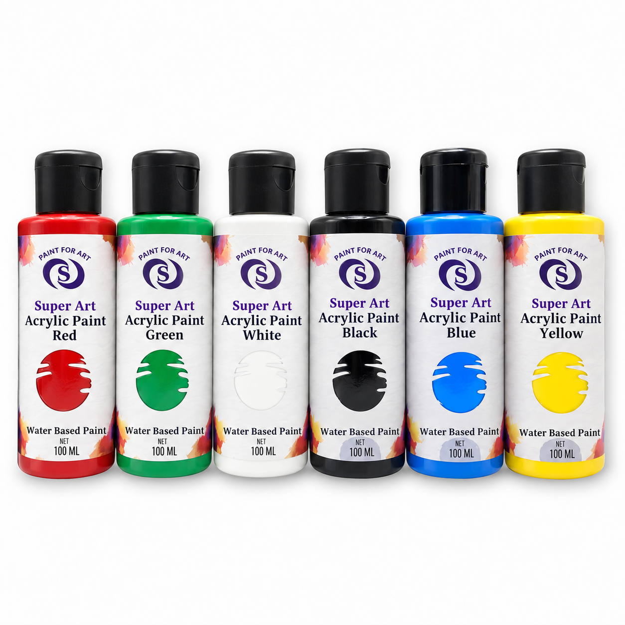 Six 100 mL Super Art acrylic paint bottles: red, green, white, black, blue and yellow