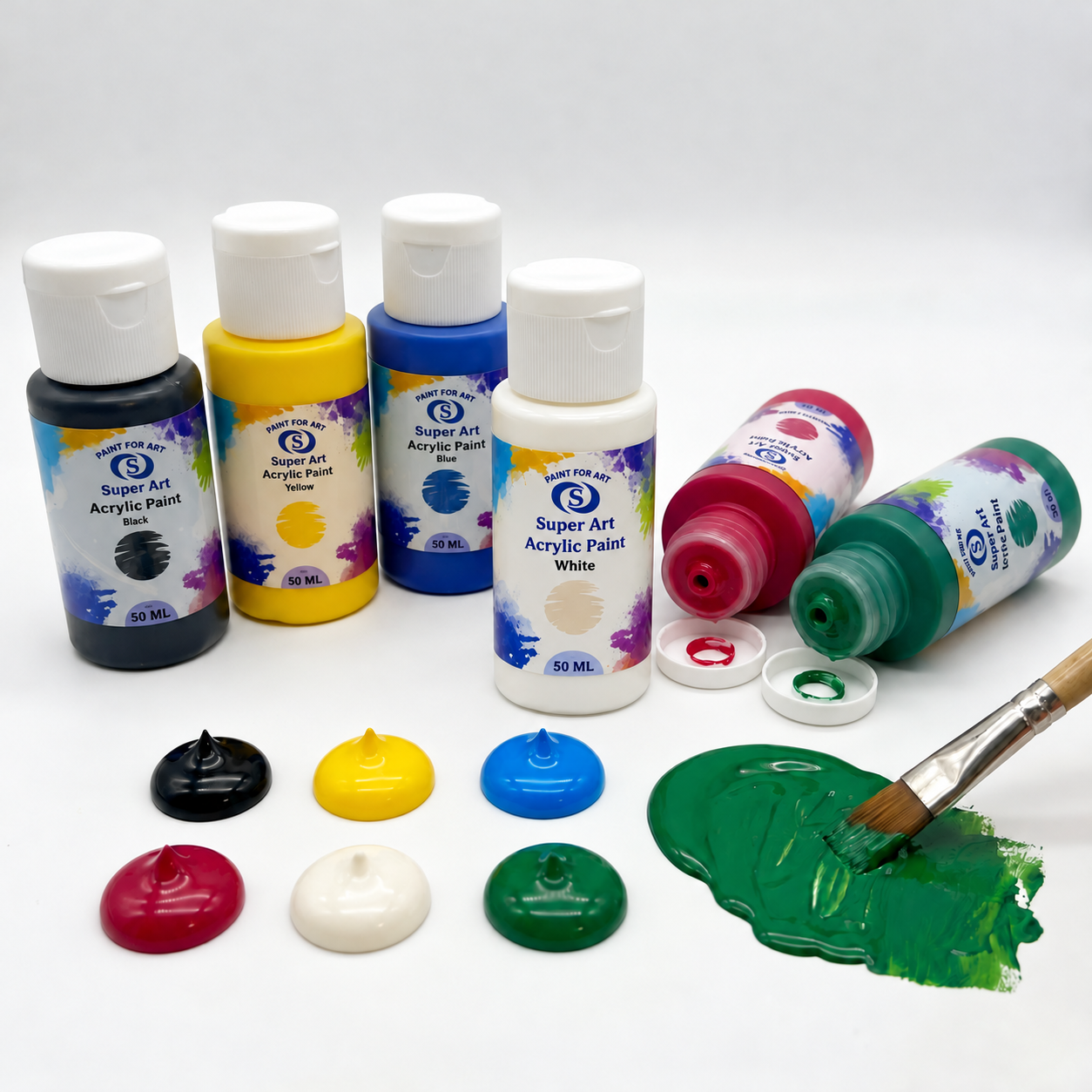 Six 50 mL acrylic paint bottles in a paint composition; brush shown as a scene prop