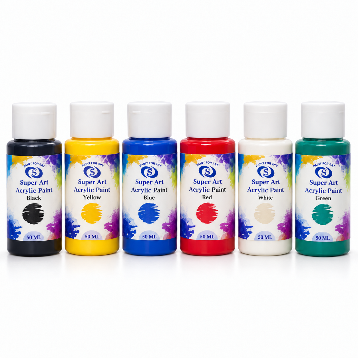 Six 50 mL Super Art acrylic paint bottles: black, yellow, blue, red, white and green